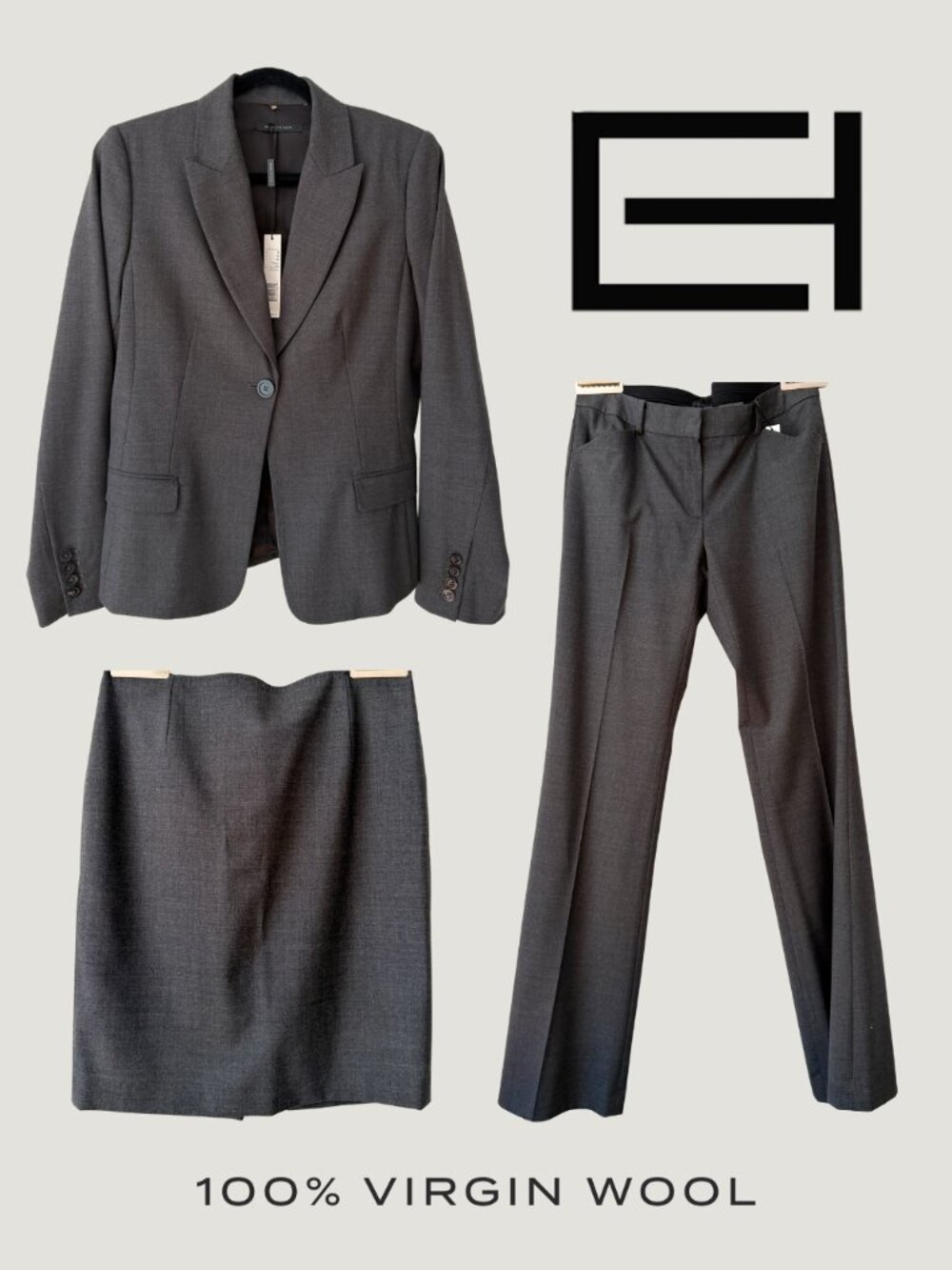 ELIE TAHARI 3-Piece Gray Virgin Wool Suit Set: Blazer Pants & Skirt. Never Worn!